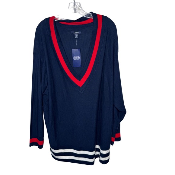 Chaps Sweaters - CHAPS Women Navy Blue V Neck Sweater 3X Striped‎ Trim Long Sleeve Casual